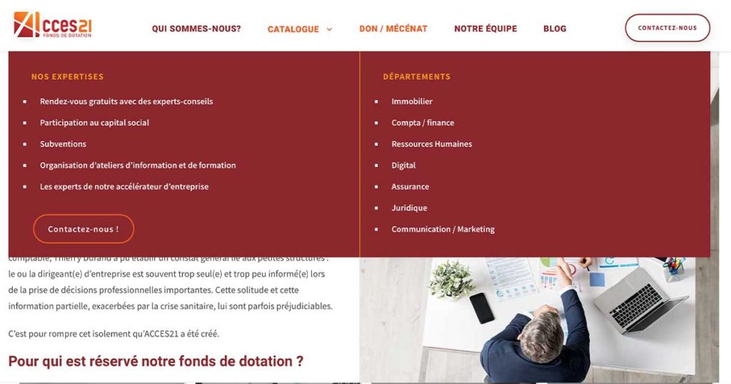 Diving in Web Acces21 Fonds de dotation - Création d'un site internet - Capture d'écran de la homepage avec le menu déroulant