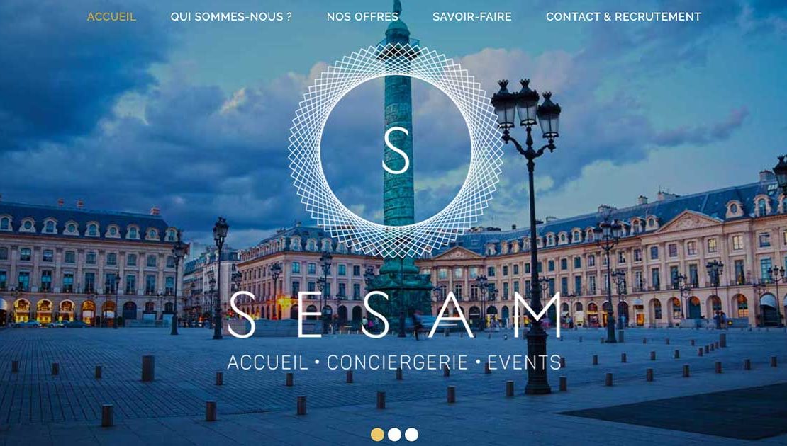 Diving in Web Refonte de site event pour SESAM Accueil - Capture d'écran de la homepage avec photo de la Place Vendôme à Paris, le logo et le menu