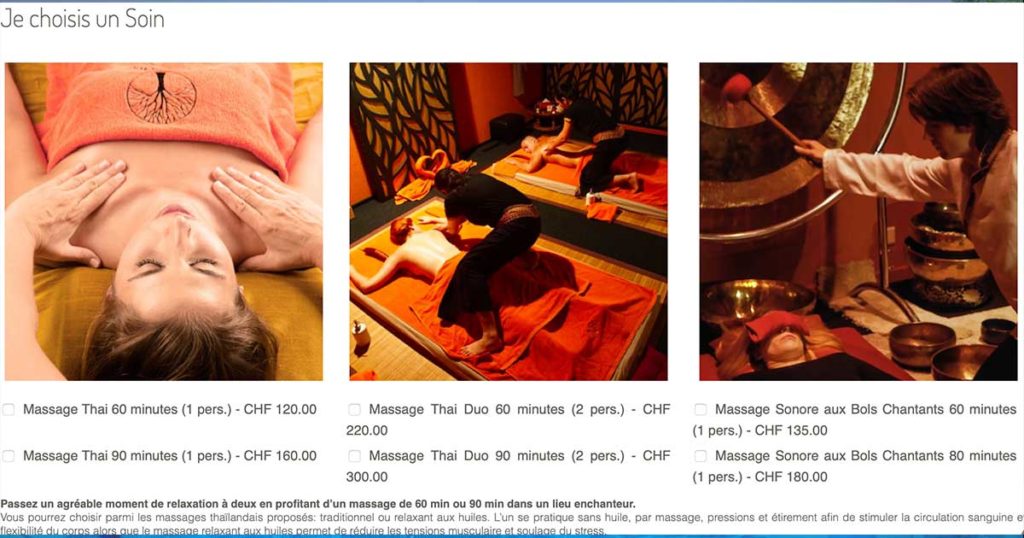 Diving in Web Terre de sens Genève - Module e-commerce Capture d'écran du module avec photos de massages