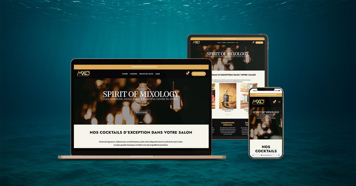 Création de site internet pour MXO Spirit - marque de cocktails en bouteille par Diving in Web. 3 écrans responsive